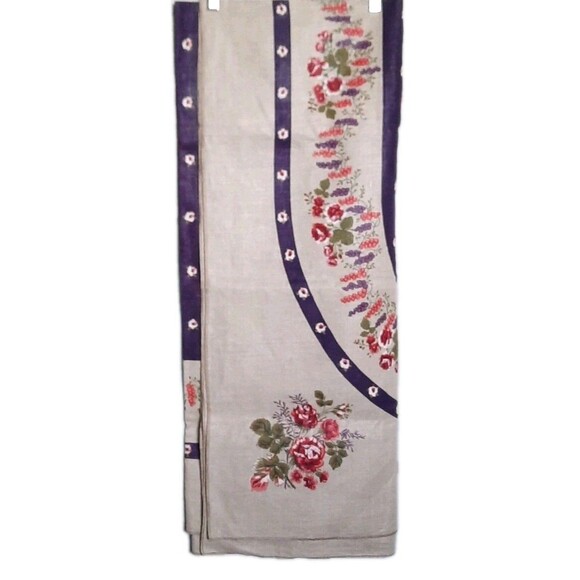 Heavyweight Linen Rectangle Purple Tan Floral Print Fabric Table Cloth 54 x 70 - Picture 6 of 7